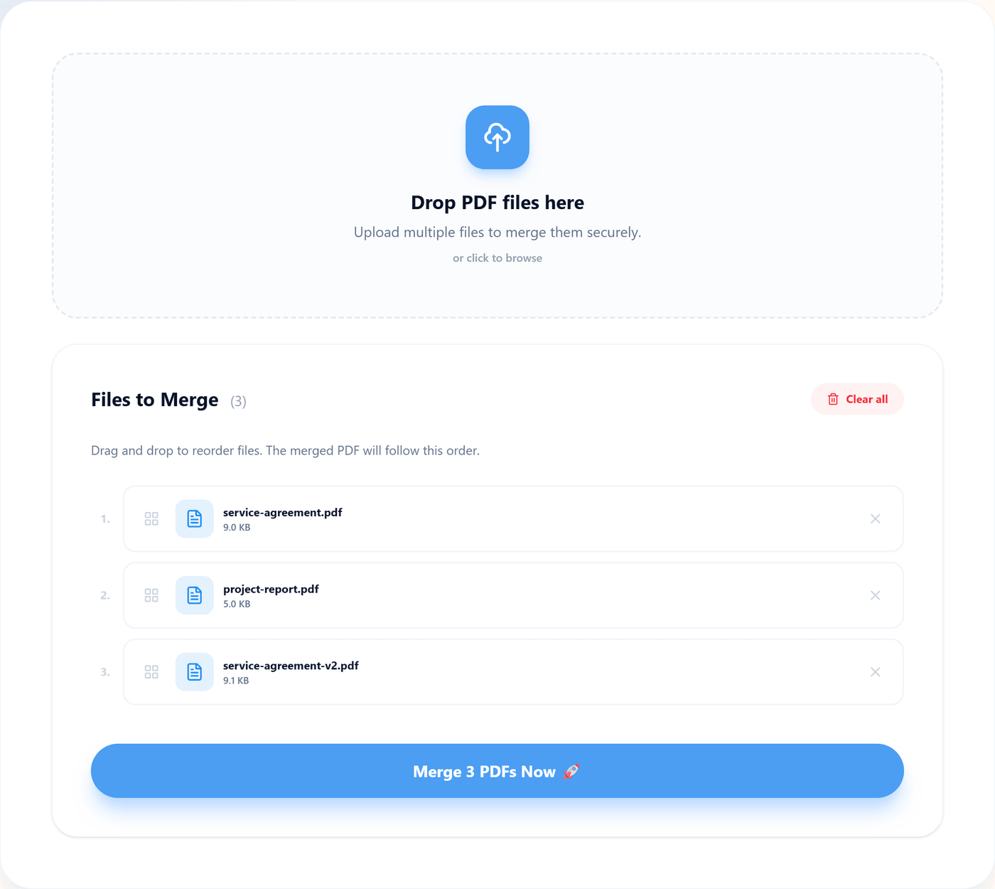 The PDF Zone merge tool with three sample PDFs queued: service-agreement.pdf, project-report.pdf and service-agreement-v2.pdf, each with a drag handle and file size, above a 'Merge 3 PDFs Now' button.