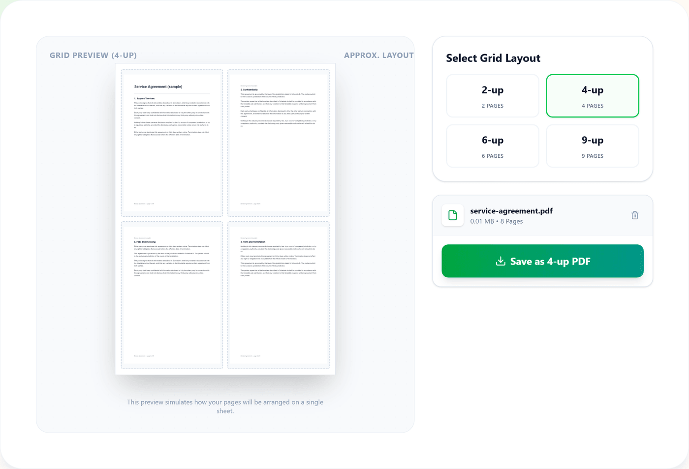 The N-up tool with a sample agreement loaded, showing layout options for placing two, four or more pages on a single sheet.